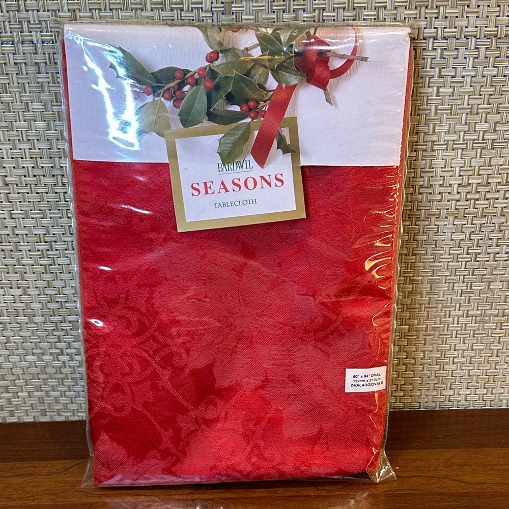 🎄VTG 2000s Bardwil Seasons Red Poinsettia Jacquard 60" x 84" Oval Tablecloth